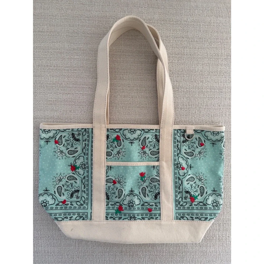 Embroidered‎ Paisley Canvas Tote Bag Green Blue Western